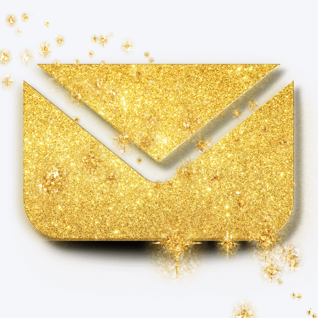 איור גרפי של מעטפת מכתב (אייקון אימייל) בצבע זהב מנצנץ עם אפקט גליטר וכוכבים זוהרים על רקע לבן.