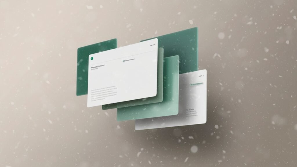 ייצוג מופשט ושכבתי של ארכיטקטורה דיגיטלית נקייה. שכבות של כרטיסים ירוקים-טורקיז ודפי טקסט לבנים מרחפים בחלל מואר, הממחישים סדר ומערכות מורכבות הפועלות בהרמוניה.